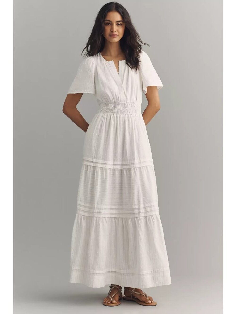 Anthropologie Somerset Lurex Maxi Dress White Short Sleeve L